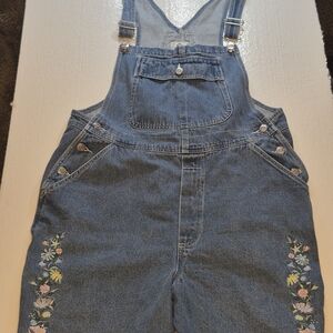 Denim Floral Embroidered Overalls